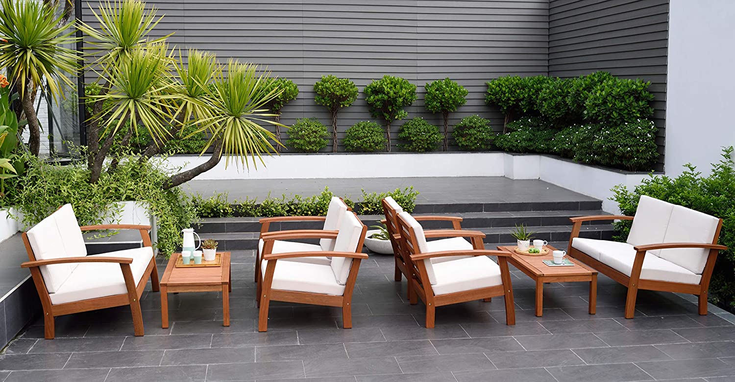 【Furniture】Patio 8-Pc Deluxe Conversation Set | Dark Teak Finish | Ideal for Indoors Outdoors