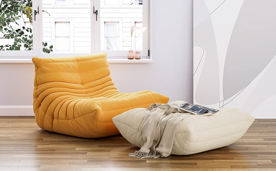 【Furniture】Chair with Ottoman, Soft Suede Oversized Chair with Ottoman Lazy Floor Sofa