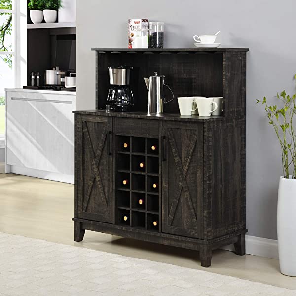 Bar Cabinet with Wine Rack and Glass Doors (Grey wash- Solid)