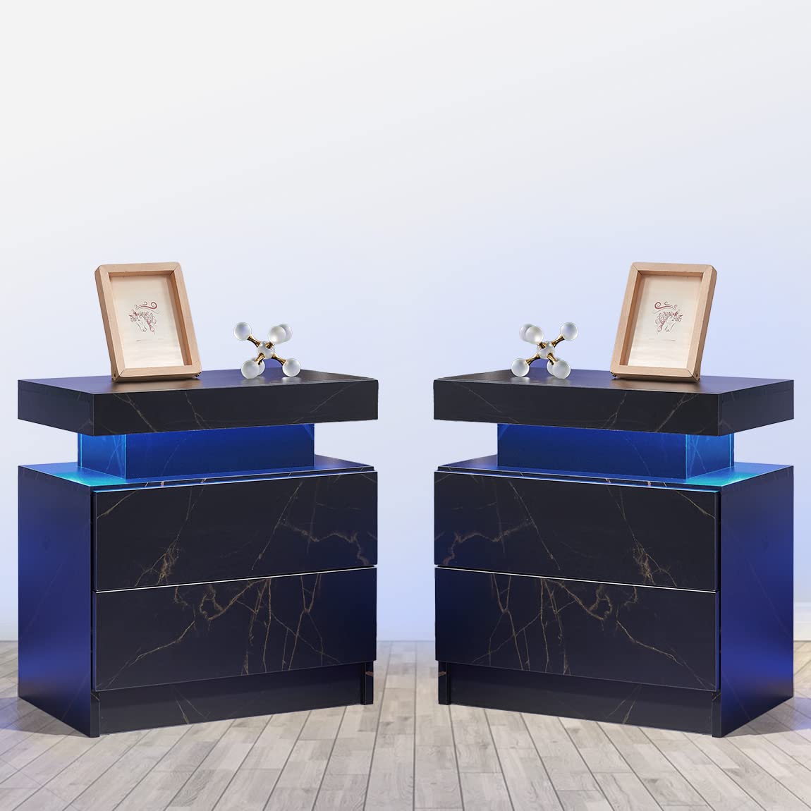 【Furniture】Nightstand Set of 2 LED Nightstand with 2 Drawers, Bedside Table with Drawers for Bedroom Furniture
