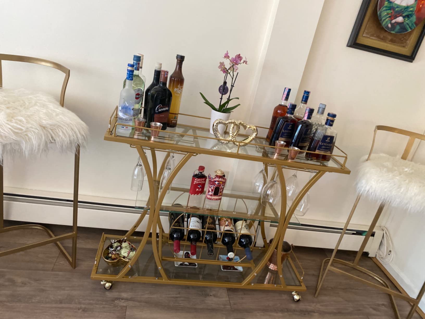 【Furniture】Bar Serving Cart with Glass Holder and Wine Rack, 3-Tier Kitchen Trolley, Mobile Wine Cart for Home
