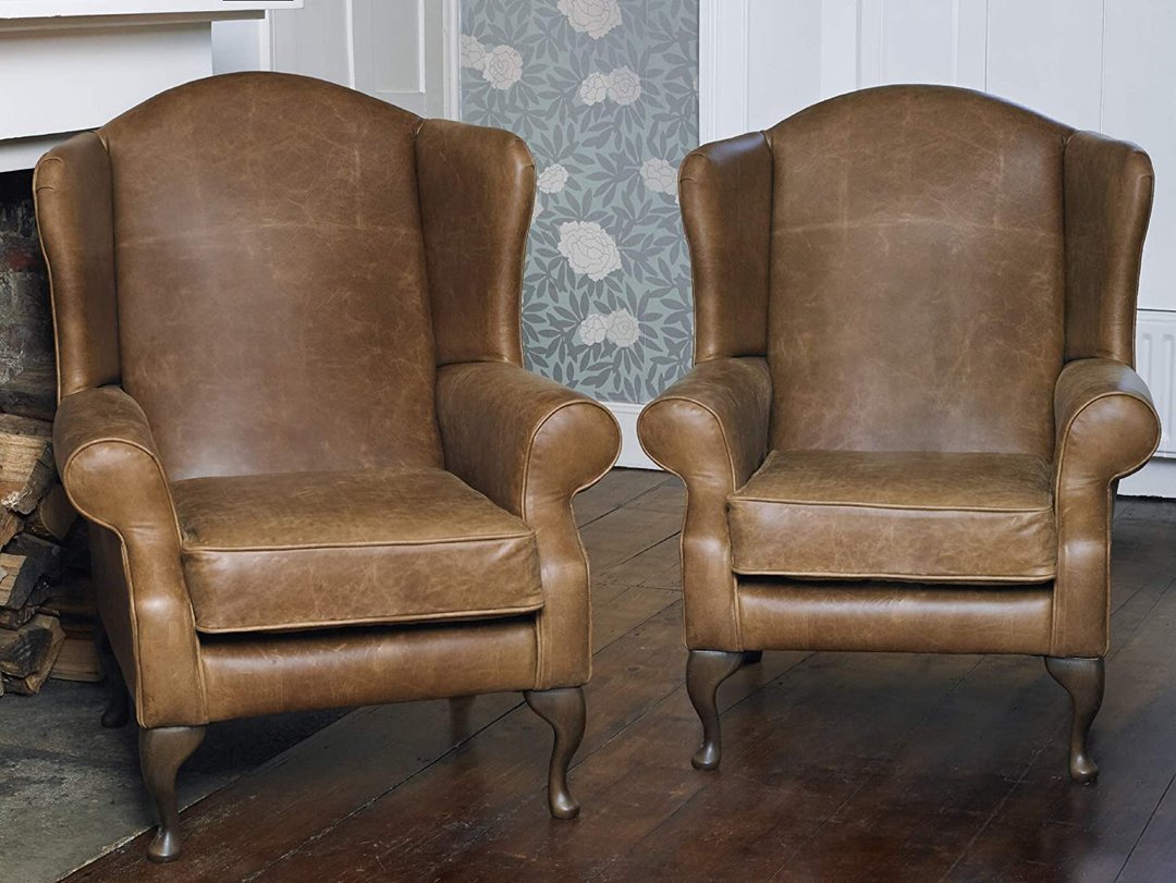 Pair of Chesterfield armchairs Queen Anne high back in vintage tan leather