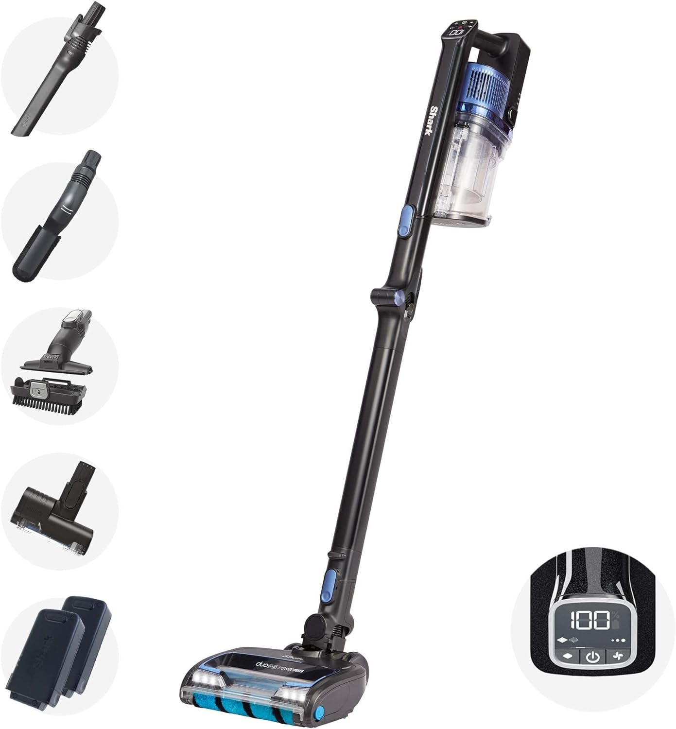 Shark Cordless Stick Vacuum Cleaner with Anti Hair Wrap, 120 Minute Run Time (2 Batteries), Flexible DuoClean Vacuum Cleaner with Motorised Pet, Multi-Surface & Crevice Tools, Black & Blue. IZ320UKT