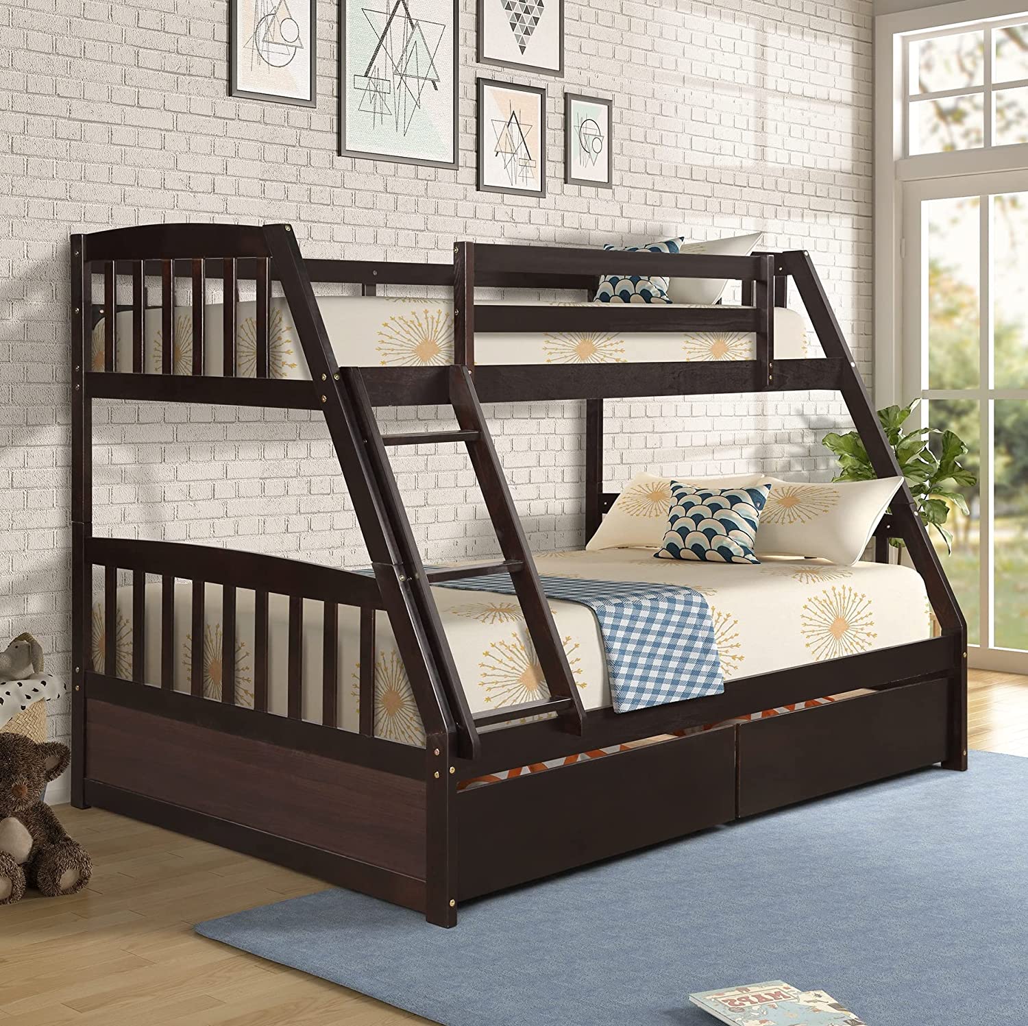 【Furniture】Solid Wood Bunk Bed Frames No Box Spring Needed with Saftey Guard Rails & Storage Drawers