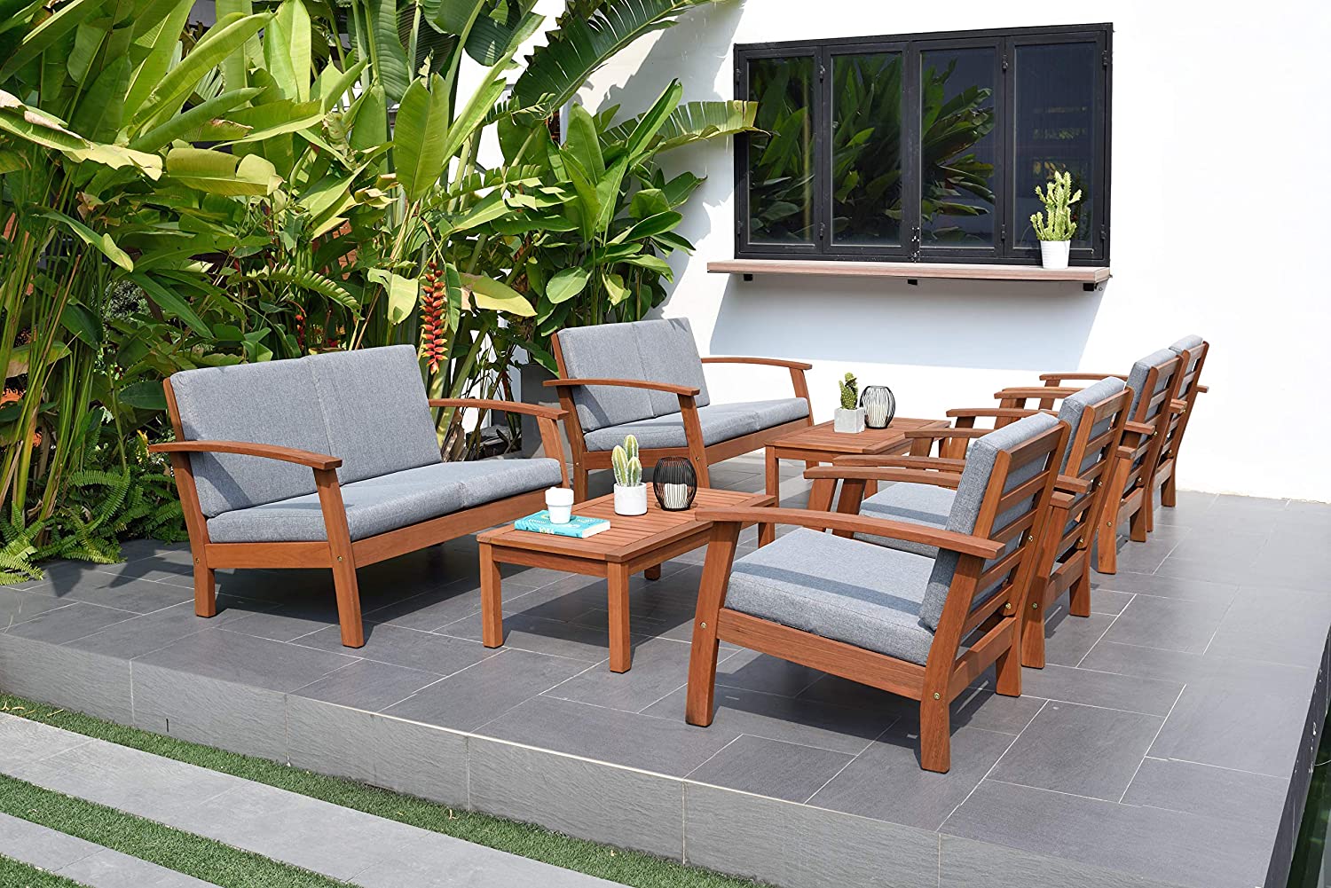 【Furniture】Patio 8-Pc Deluxe Conversation Set | Dark Teak Finish | Ideal for Indoors Outdoors