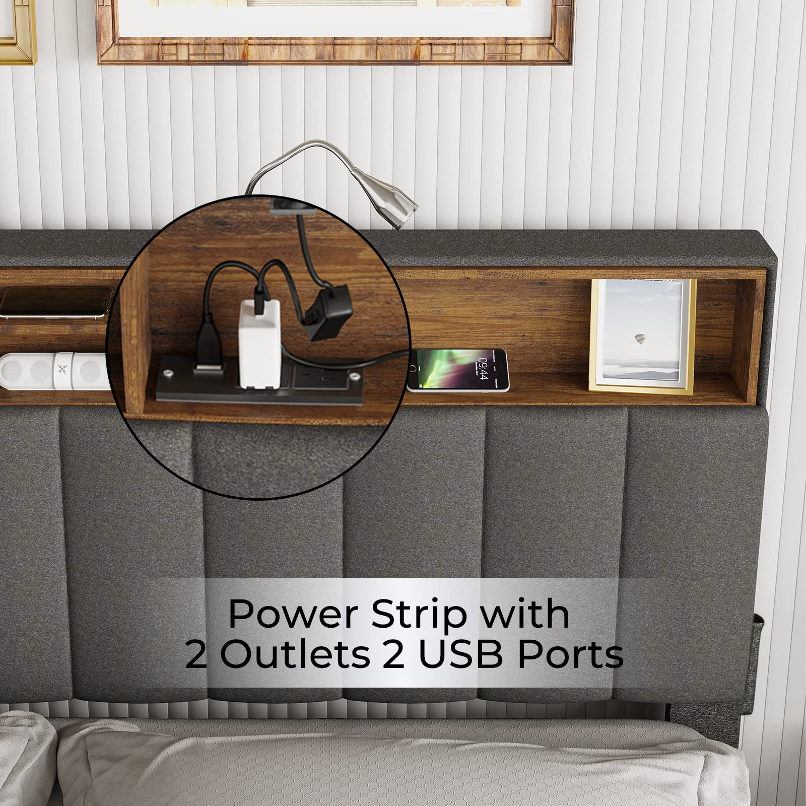 【Furniture】Queen Bed Frame with USB Ports and Outlets, Upholstered Platform Bed with Storage Headboard