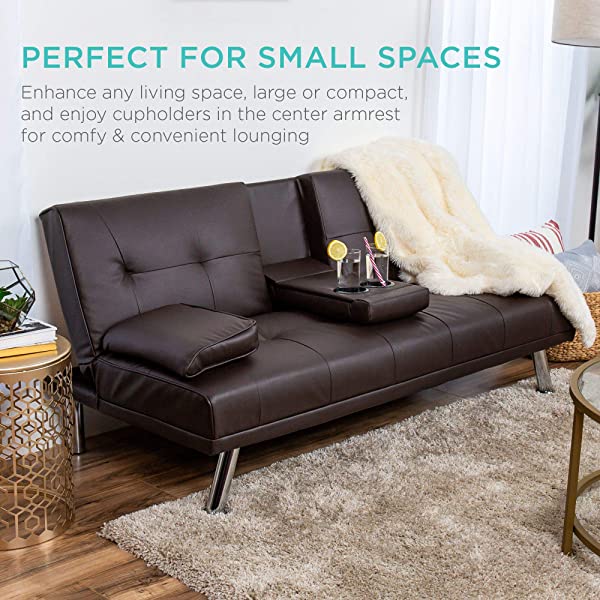 Best Choice Products Faux Leather Upholstered Modern Convertible Folding Futon Sofa Bed for Compact Living Space, Apartment, Dorm, Bonus Room w/Removable Armrests, Metal Legs, 2 Cupholders - Black