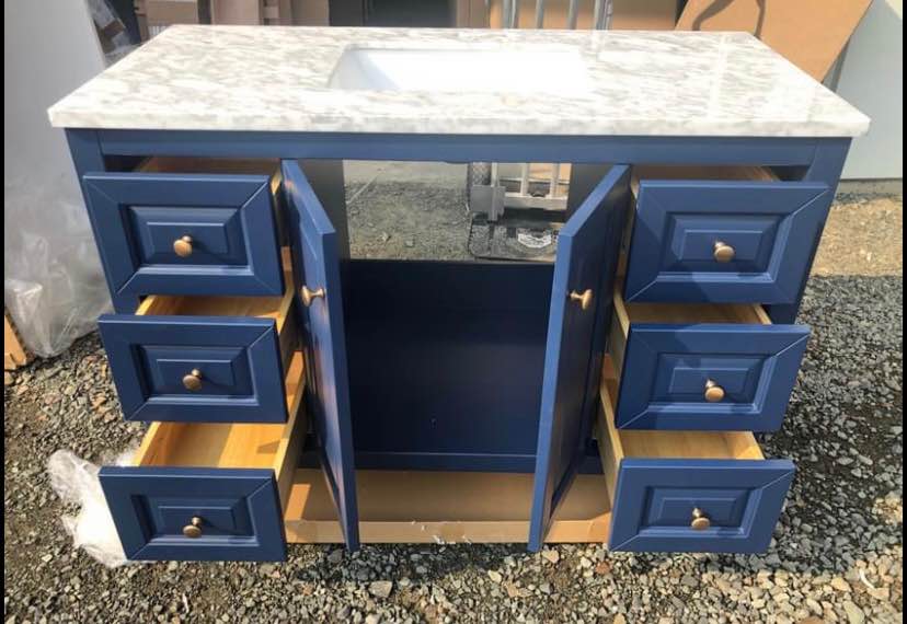 New in box! 48” Single Sink Navy Blue Bathroom Vanity Cabinet w Marble Top- solid Wood cabinet