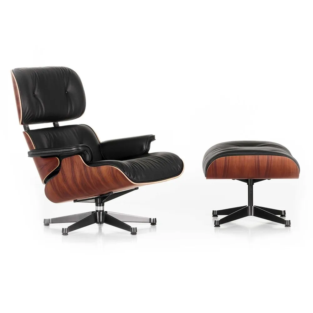 Eames Lounge Chair & Ottoman Santos Palisander & Black Leather in New Dimensions